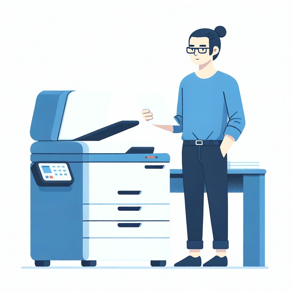 Man with printer, blue shirt